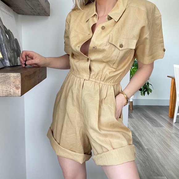Vintage Linen Romper Jumpsuit Camel Khaki Safari - Picture 6 of 6